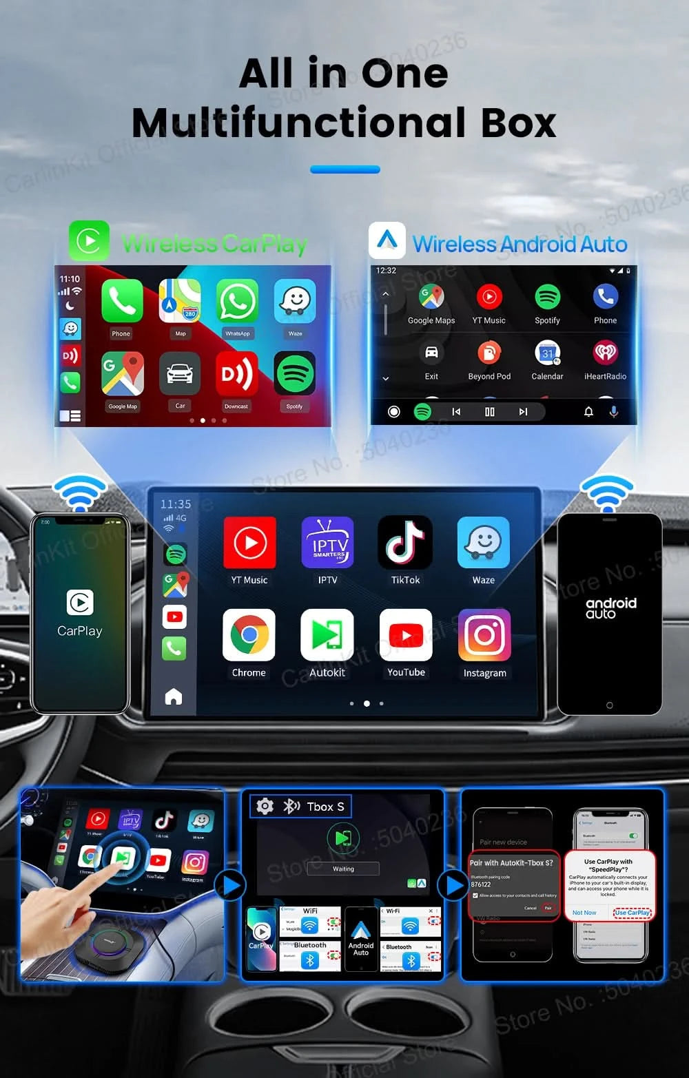 CarlinKit S2 CarPlay Ai Box LED Android 13 Streaming Box 64G/128G Qualcomm 8-Core Split Screen Car Intelligent System Play Video