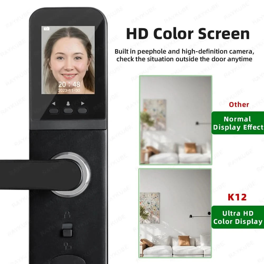Do Brasil RAYKUBE K12 With lithium Rechargeable Batteries Tuya WiFi Camera Electronic Lock 3D Face Fingerprint Smart Door Lock