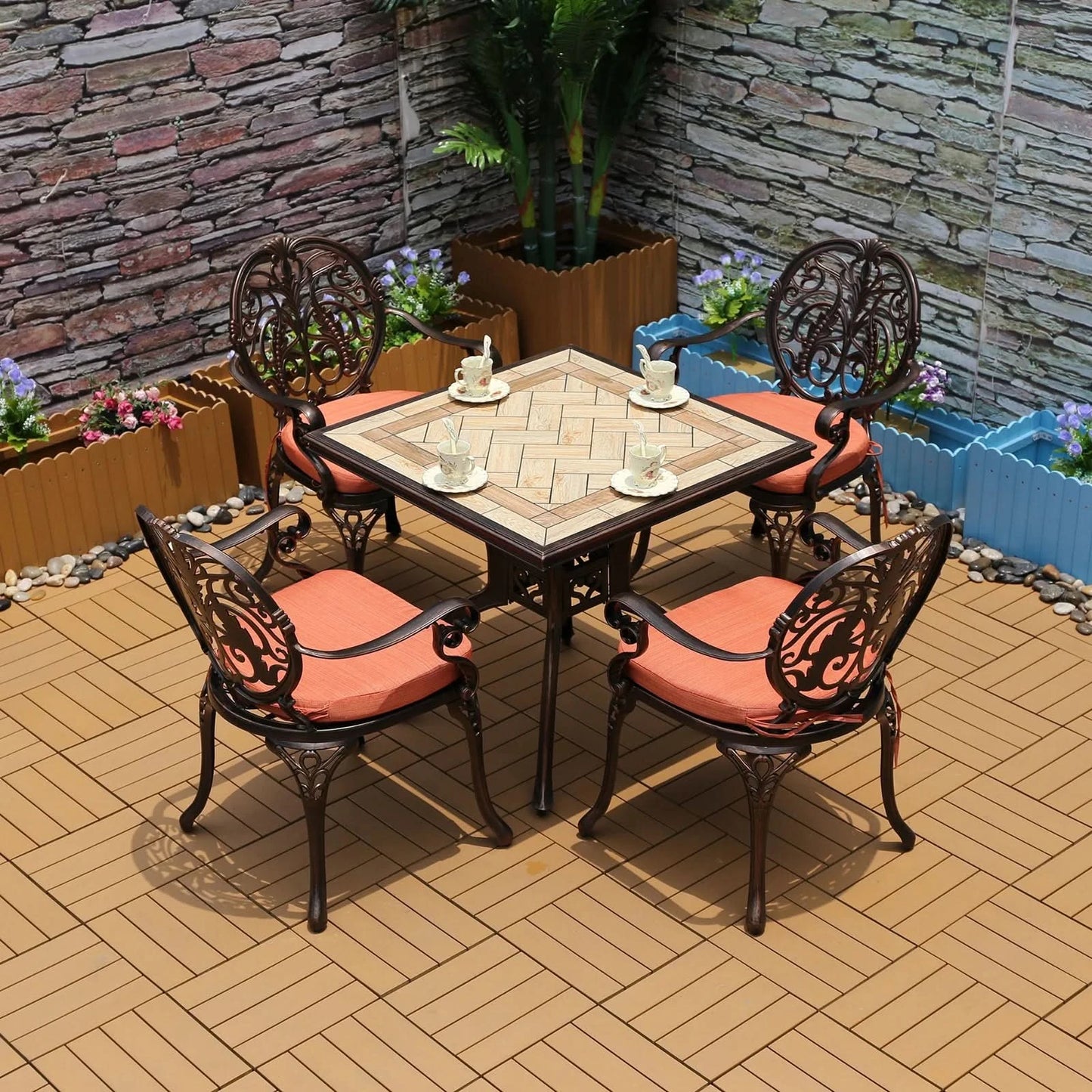 Tile Patio Table Aluminum Frame Outdoor Table Bistro Table All Weather Garden Table Faux Wood Grain Backyard Table Dining Table