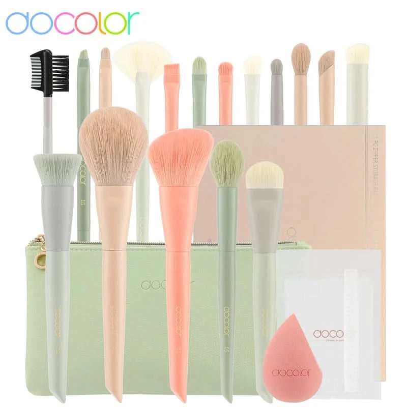 Docolor 17Pcs Makeup Brushes Set Eye Shadow Blush Powder Blending Foundation Cosmetic Brush  With Makeup Sponges And Bag