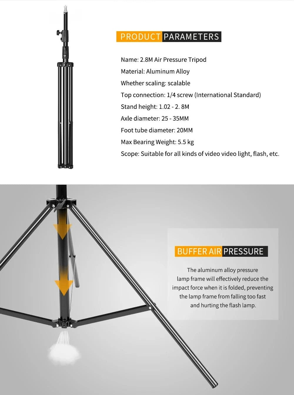 SH 280cm Stainless Steel Light Stand Photography Stand for Photo Video Lighting Spring Cushioned Heavy Duty Stand Tripod