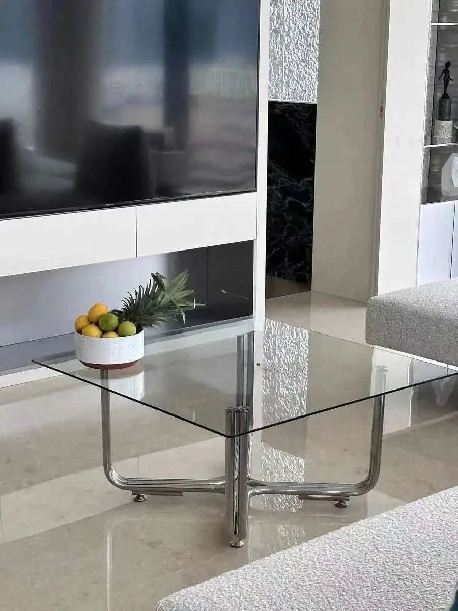 Transparent Square Glass Coffee Table, Stainless Steel Low Table