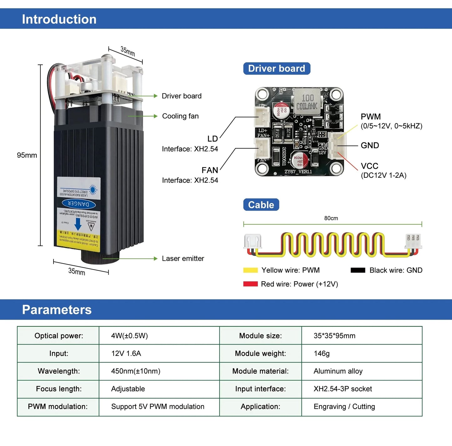 LASER TREE 4W 5W Power Laser Module 450nm TTL Blue Light Laser Head for Laser Engraving Cutting Wood DIY Tools