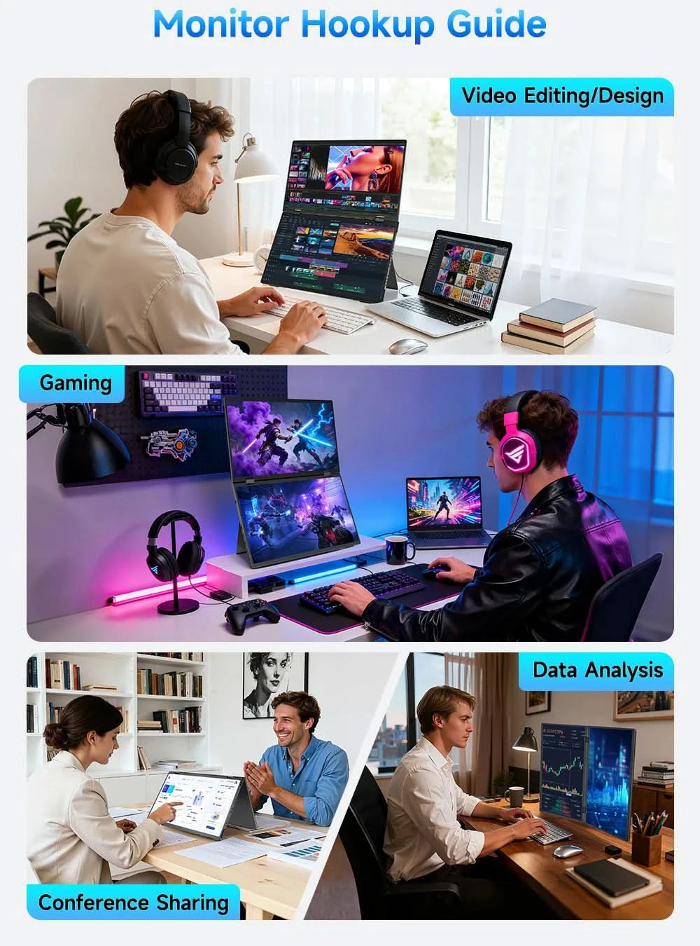 EVICIV Stacked Portable Monitor 15.6 Inch Dual Foldable Travel Display 1080P 100% sRGB USB-C HDMI Triple Laptop Screen Extender