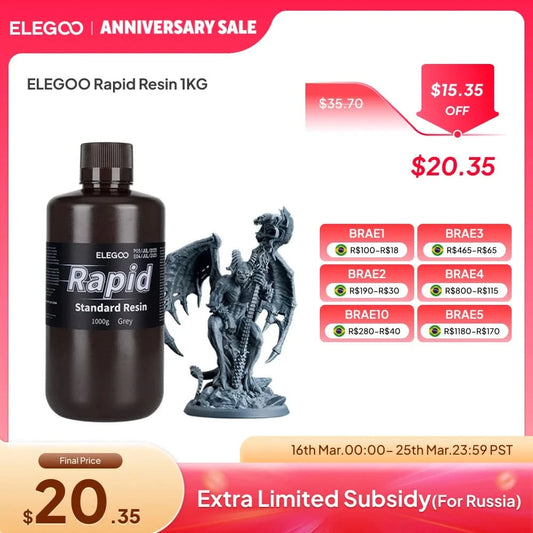 ELEGOO 3D-Drucker Rapid Resin LCD UV-härtendes Harz 405nm Standard Photopolymerharz für LCD-3D-Druck 1000g Grau