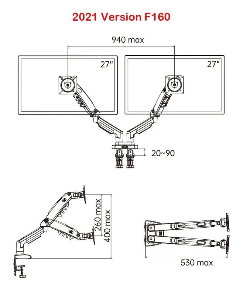 White Color Dual Arm Monitor Support 17-30 Inch  Mount Bracket Holder Load 2-9 Kgs Each NB F160