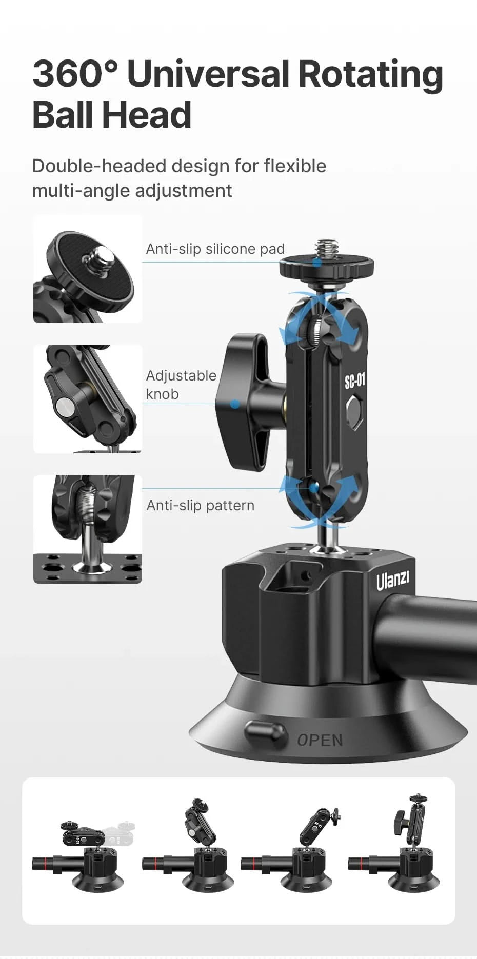 Ulanzi Car Phone Action Camera Holder Hand Pump 360° Suction Cup Adjustable Professional For GoPro for Insta360 for DJI Action