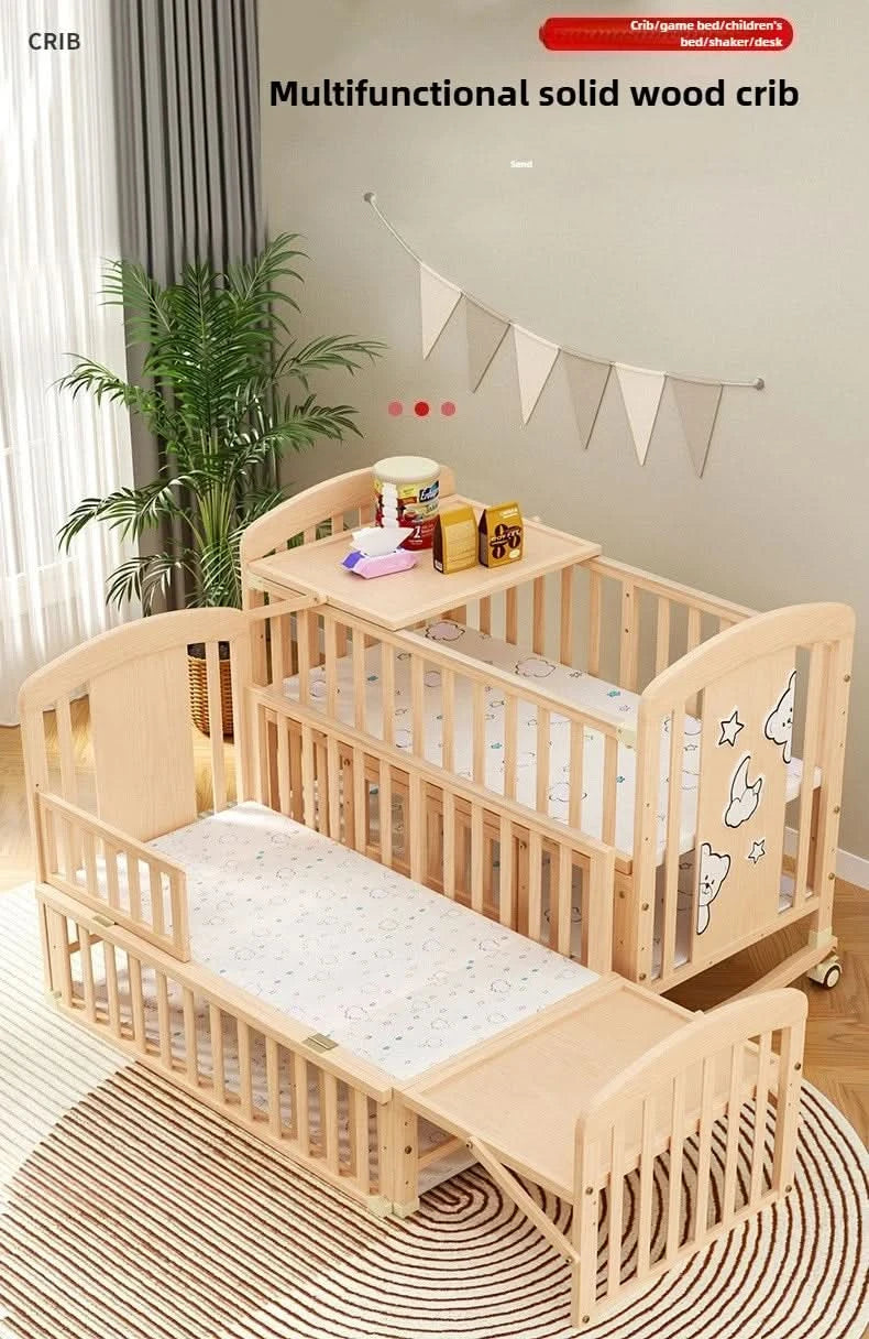 Baby Comfortable Sleeping Bed Solid Wood Newborn Baby Bed Multifunctional Baby Rocking Bed with Wheels and mosquito net