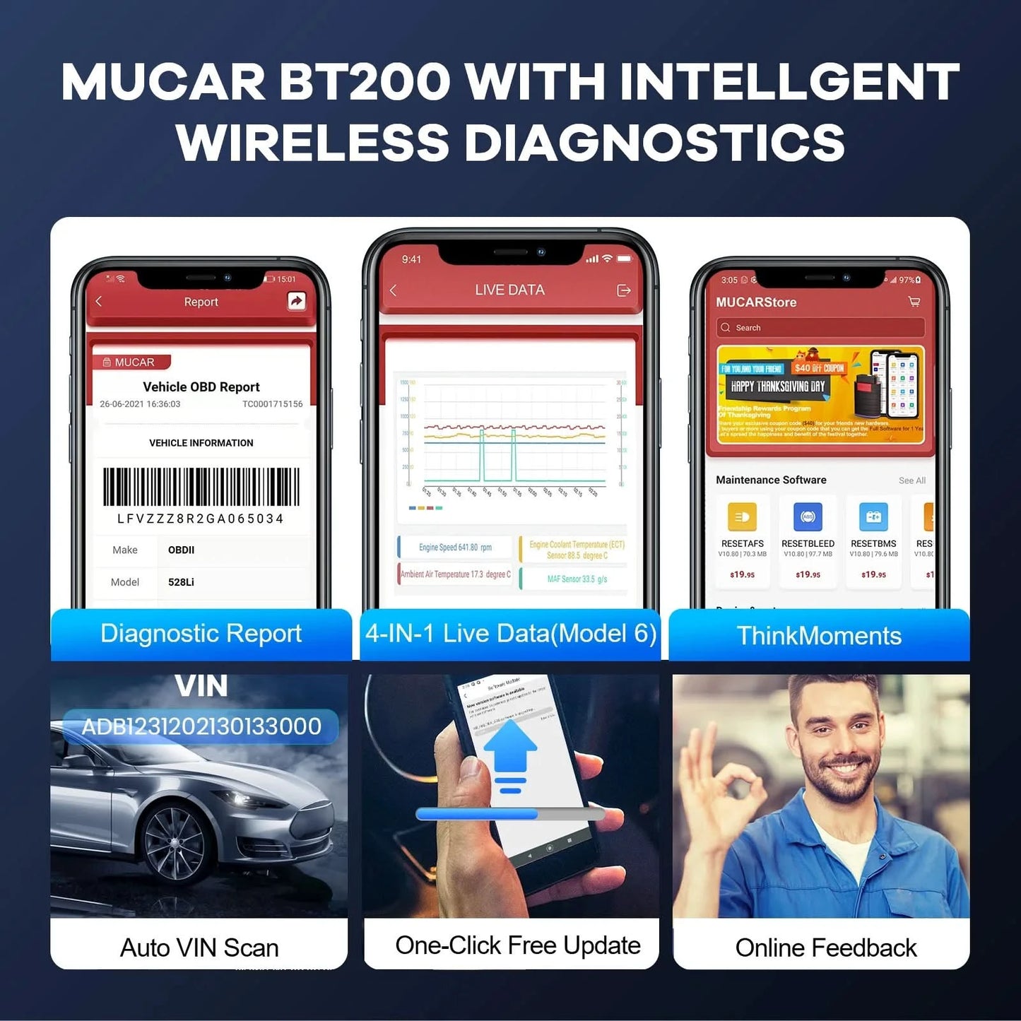 MUCAR BT200 BT200 PRO Car Scan Tool OBD2 Diagnostic Tool Full System Diagnosis scanner for all car 15 Reset Code Reader