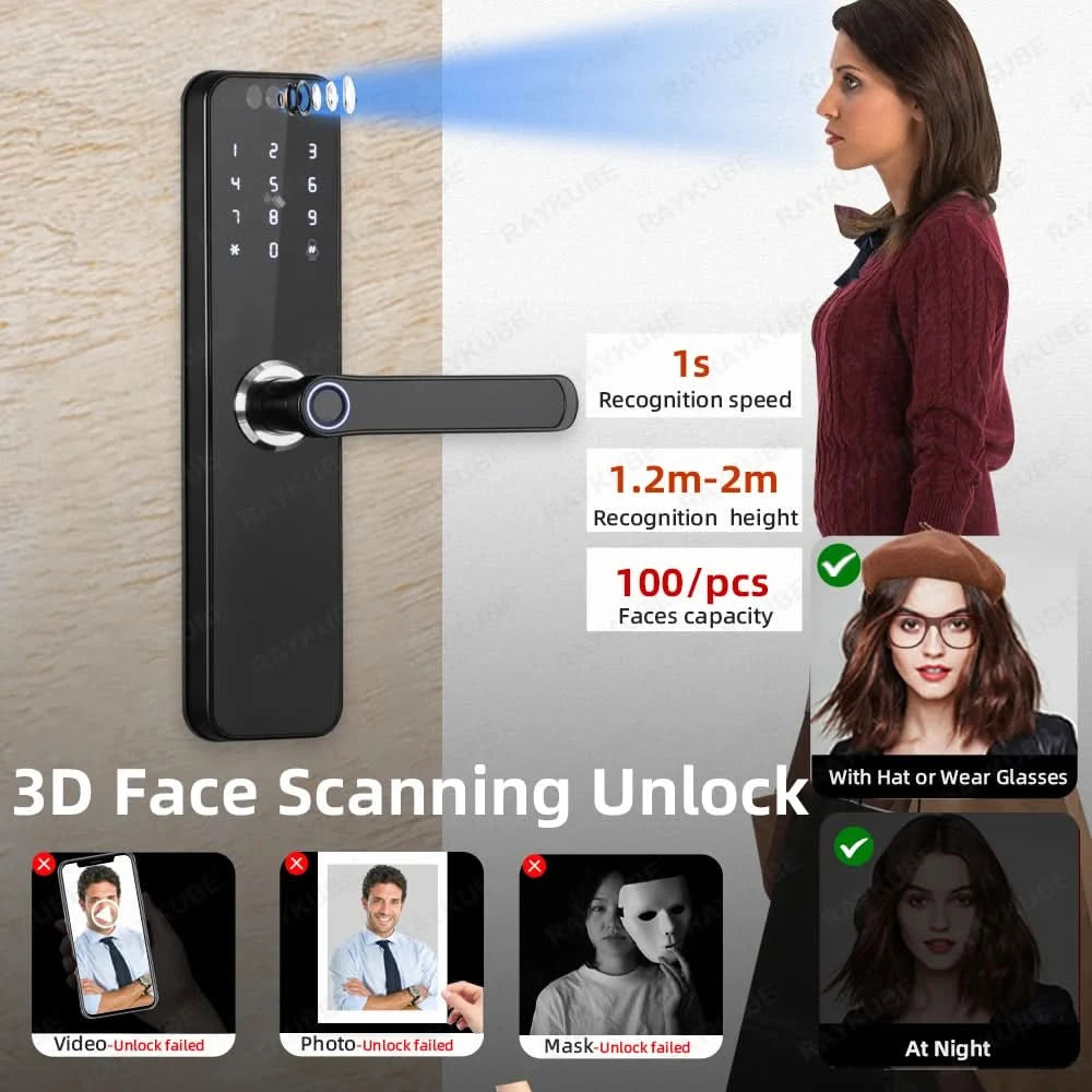 Do Brasil RAYKUBE K12 With lithium Rechargeable Batteries Tuya WiFi Camera Electronic Lock 3D Face Fingerprint Smart Door Lock