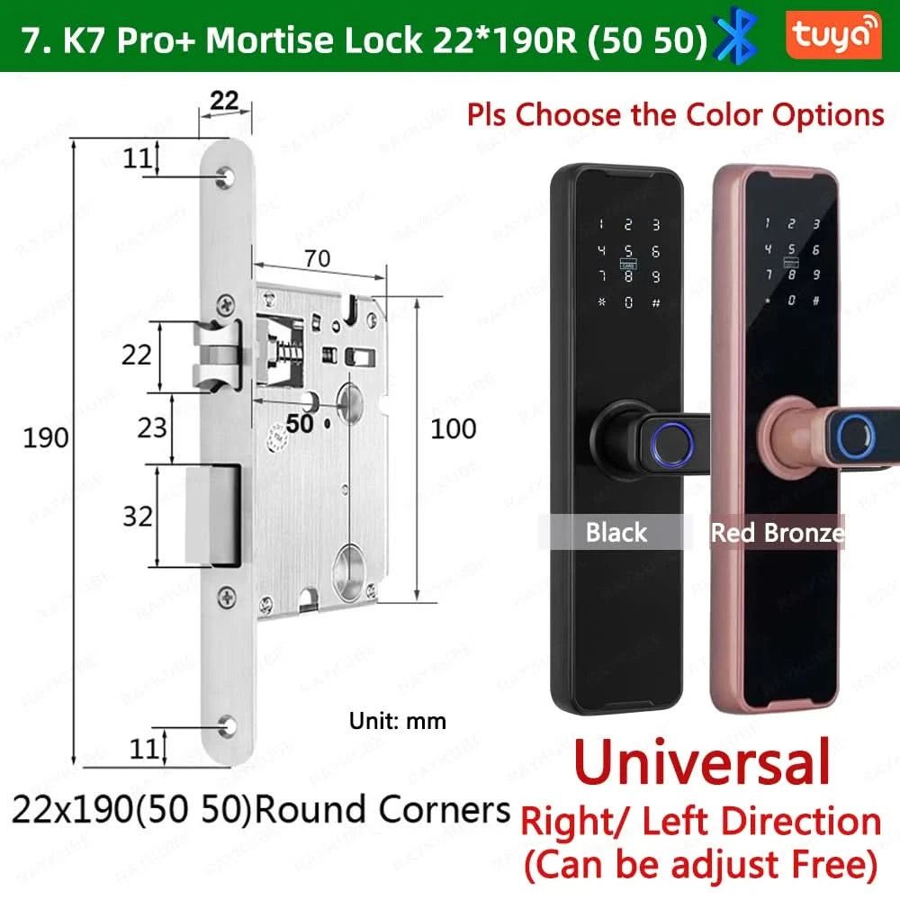 Do Brasil RAYKUBE Black K7 Pro+ Tuya Bluetooth Biometric Fingerprint Door Lock Smart Digital Lock Tuya App Unlock Keyless Lock