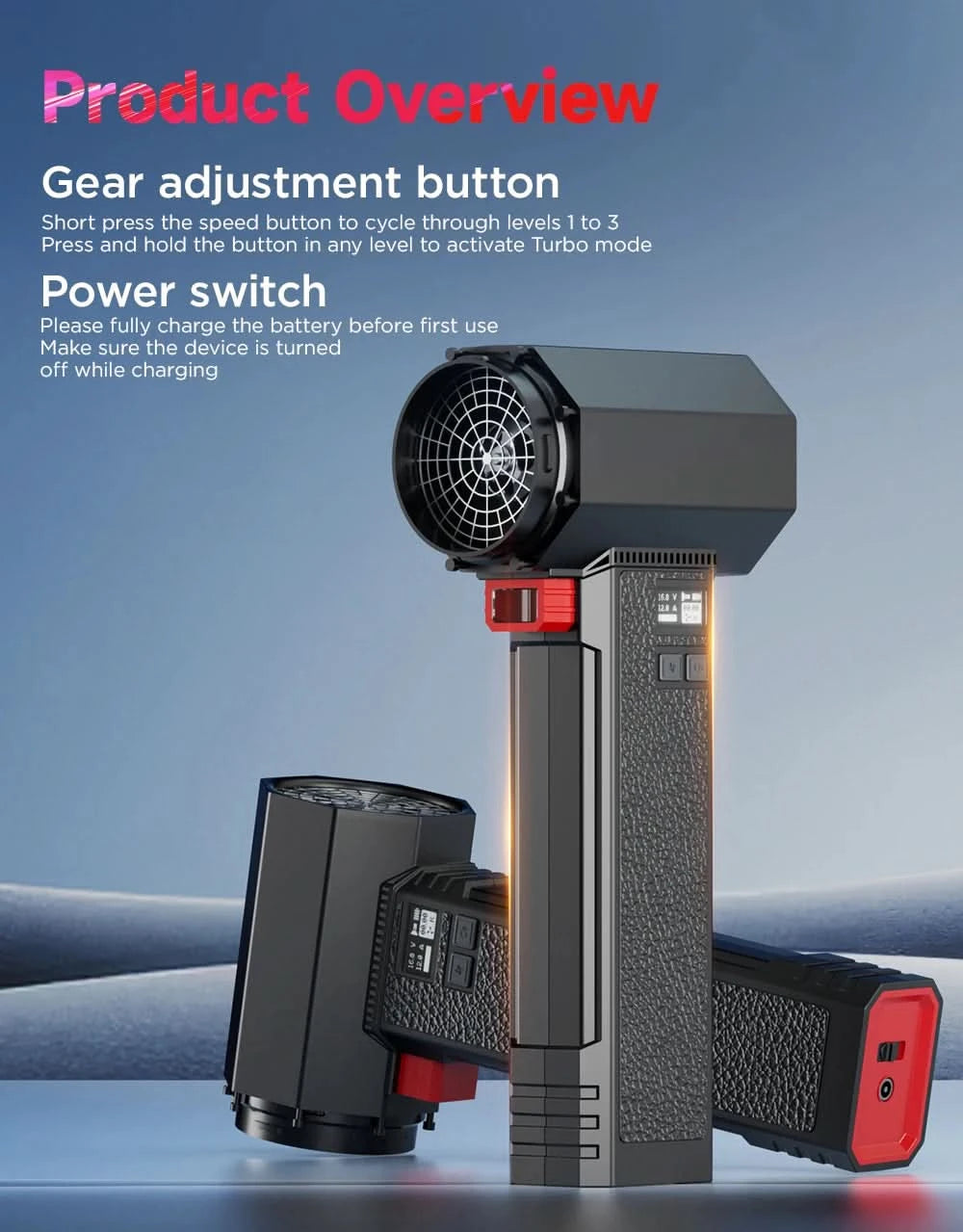 Booster Turbo Fan Car Dryer with LED Lighting, Powerful Air Blower, Brushless, Durable, High-Speed, Powerful, 4000mA, 1400G