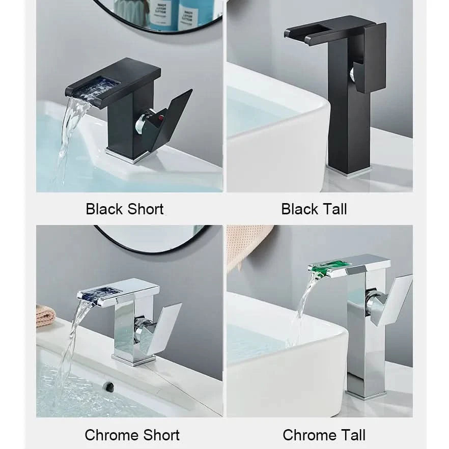 Rozin LED Bathroom Basin Faucet Black Waterfall Sink Faucets Hydroelectric LED Deck Mounted Crane Hot Cold Water Mixer Tap