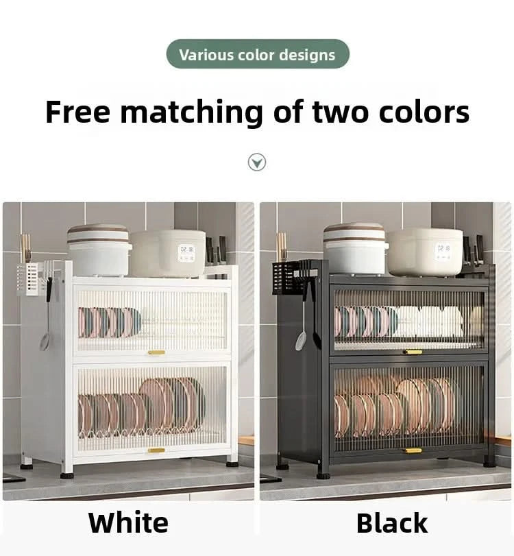 Kitchen cupboard storage box with door, dust-proof bowl rack, countertop, dish storage rack, chopsticks, dishes, drain rack