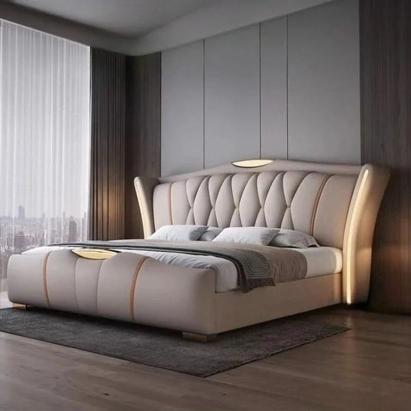 Home Leather bed with light modern minimalist lit 150x200 180x200 200x220 cm Double bed 2 people bedroom beds frames Furniture