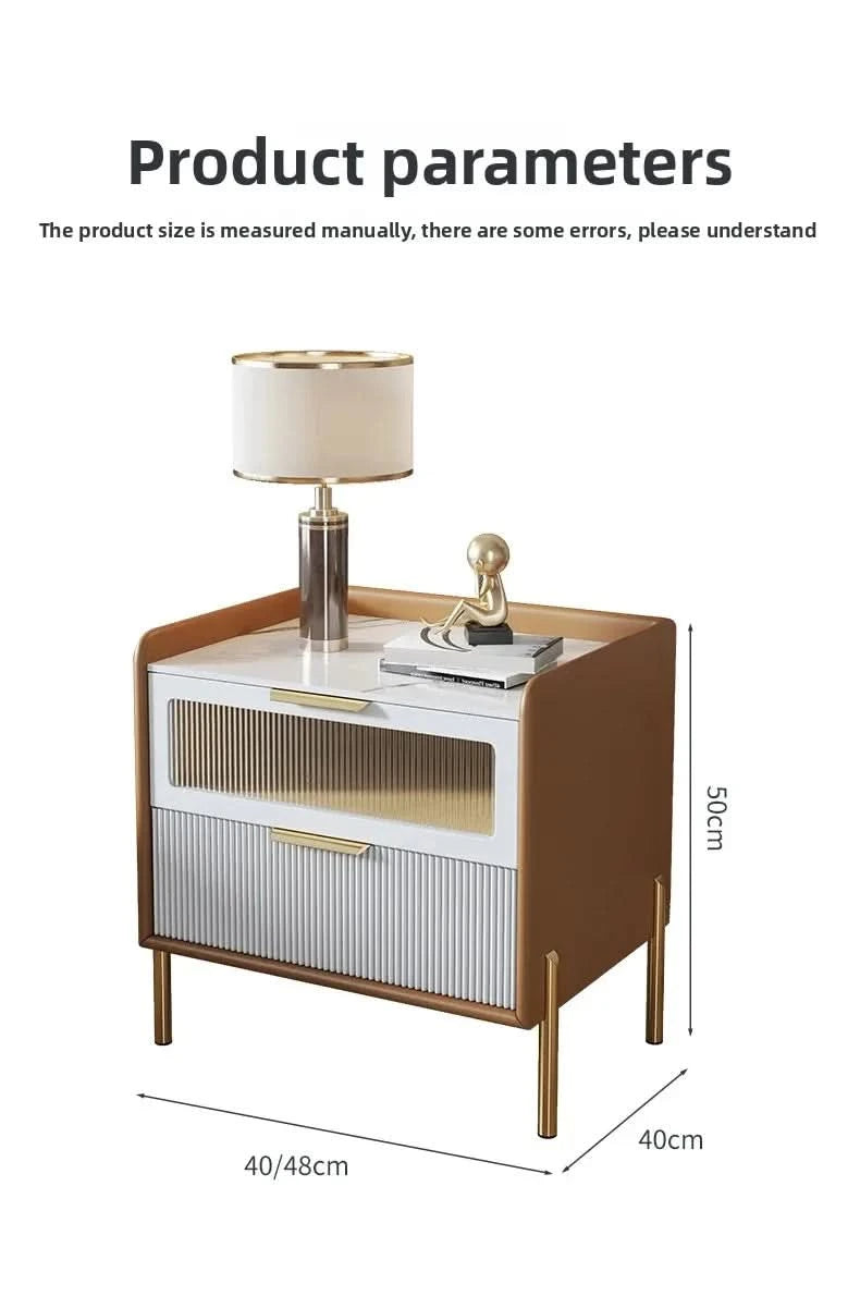 Bedside Table,Modern Light Luxury, Solid Wood Italian Simple Storage, Ultra-narrow Bed Leather Smart Side Cabinet Bedroom