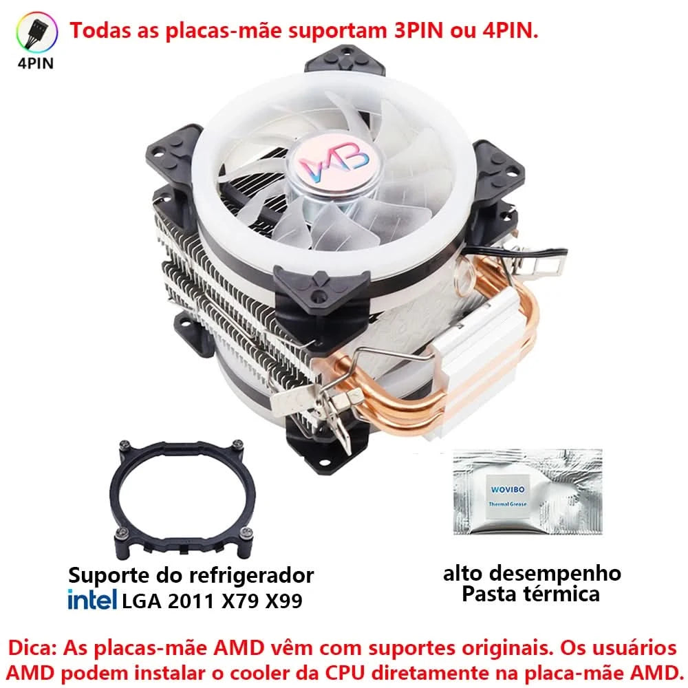Wovibo Ventilador de Refrigeração da CPU, para Intel 775, 1150, 1151, 1155, 1200,1700, 2011, X79, X99, AM4, AM5 Radiador