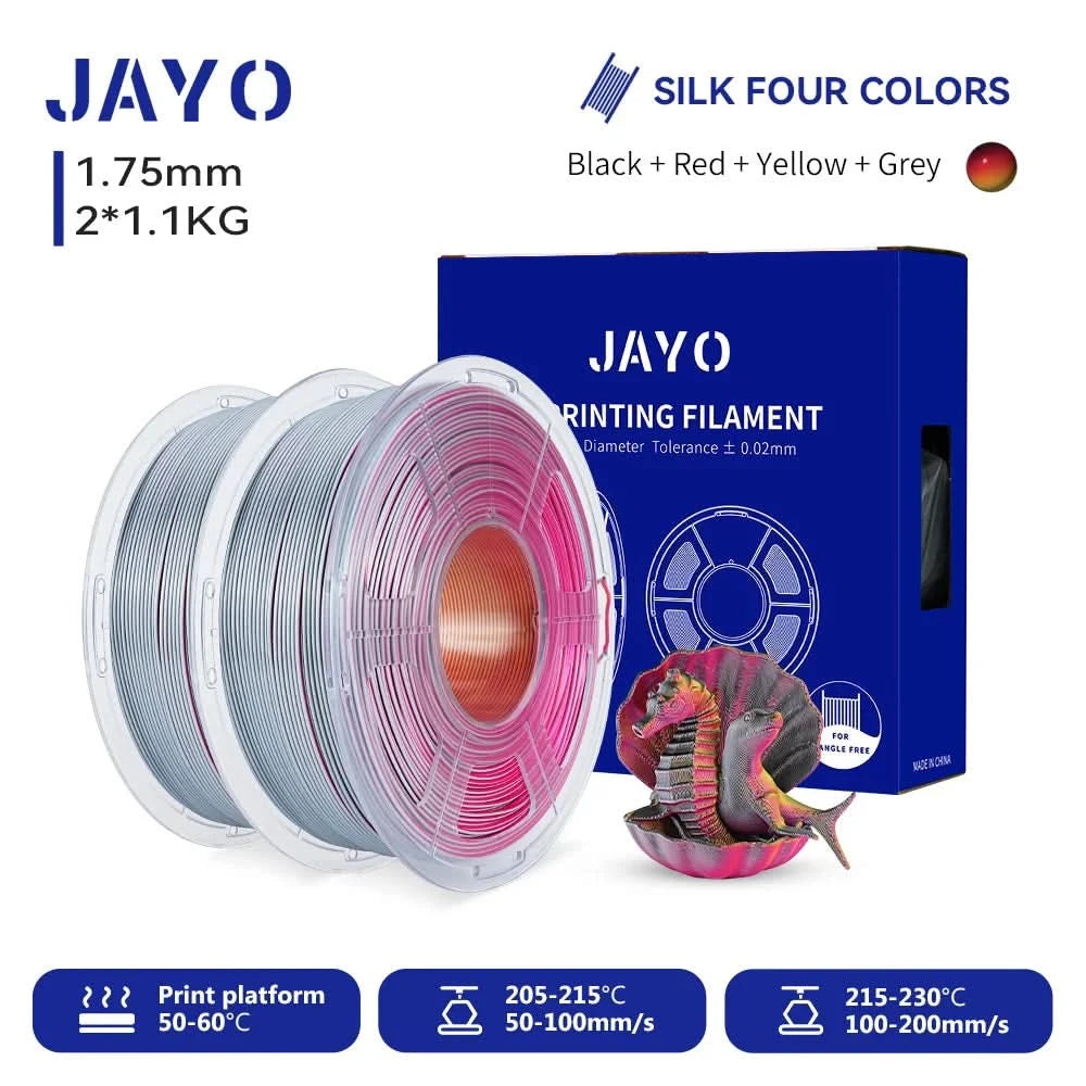 JAYO 3D Multicolor 4-Color Silk PLA+ Filament Bundle Silk PLA+ 3D Printer Filament 1.75mm +/- 0.02mm Shiny Silk Texture 2Rolls