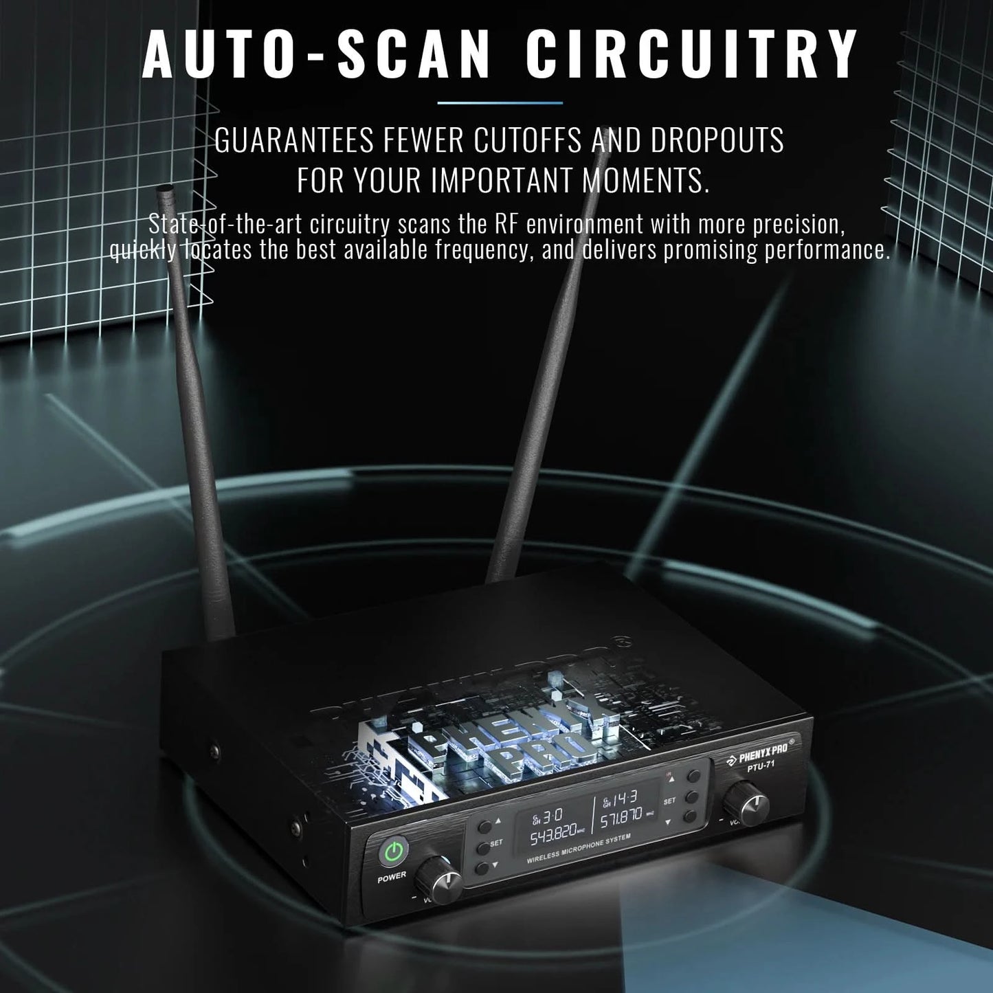 Phenyx Pro UHF Profeesional Adjustable Dual Wireless Microphone System for Stage Performances Sturdy Metal Build 100M PTU71