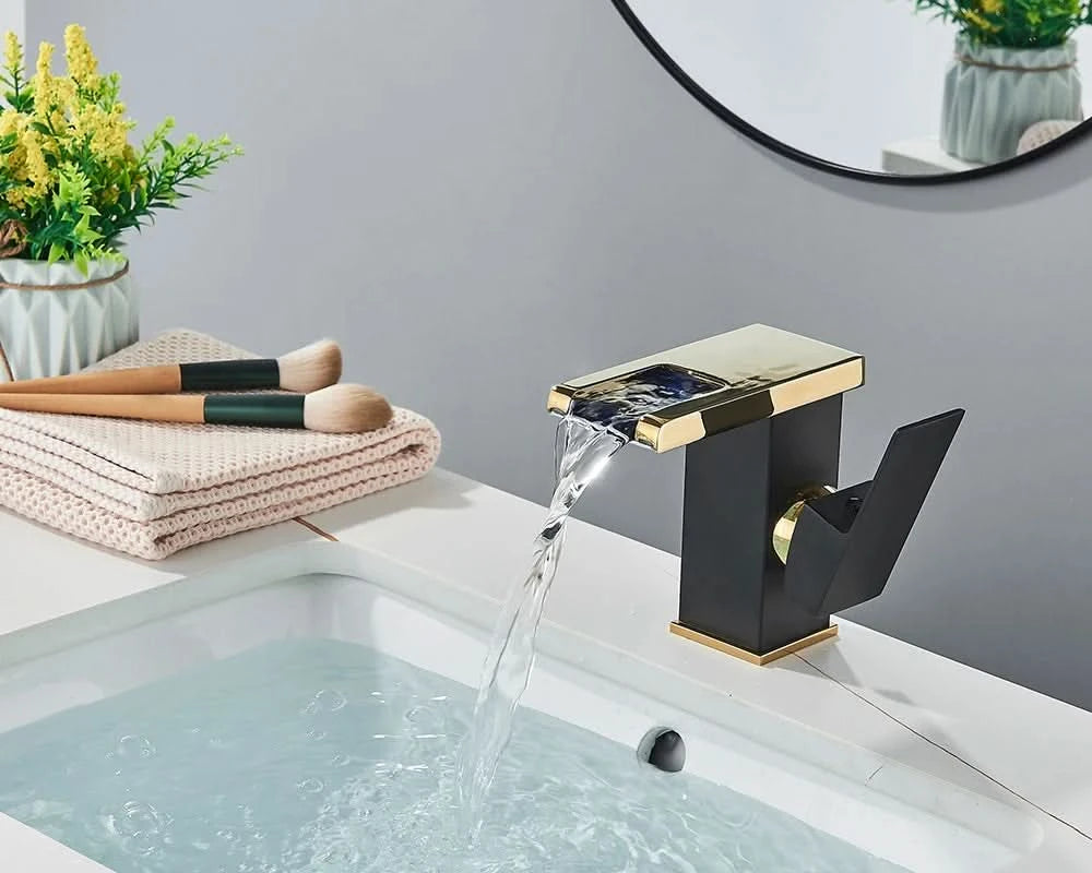 Rozin LED Bathroom Basin Faucet Black Waterfall Sink Faucets Hydroelectric LED Deck Mounted Crane Hot Cold Water Mixer Tap