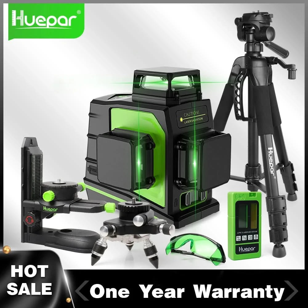 Huepar 12 Lines 3D Cross Line Laser Level Kit Osram Self-Leveling Green Beam 360° Vertical Horizontal With Laser Receiver Tripod