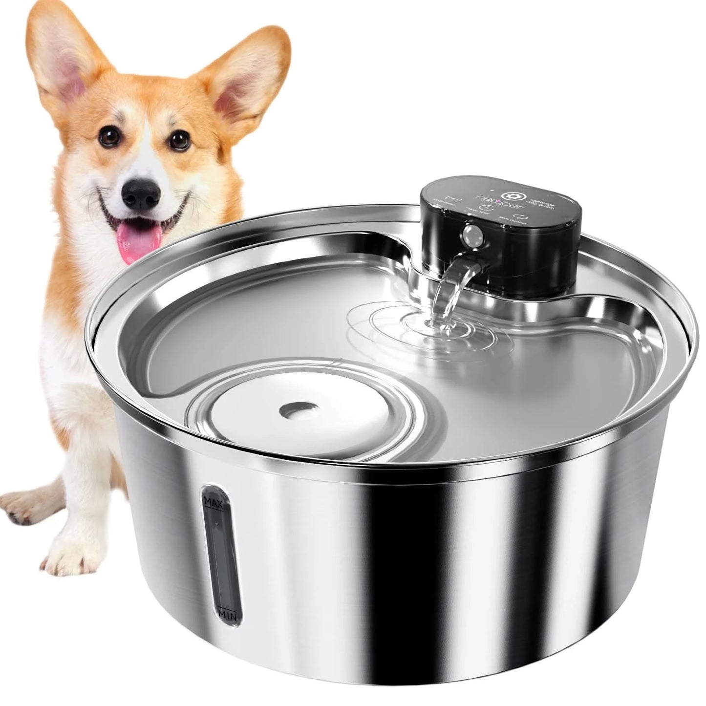 Newpet 7.5L Automatic Stainless Steel Dog Water Fountain 5000mAh Wireless Pet Drinker Battery & Sensor 2 in 1 Dispenser for Dog