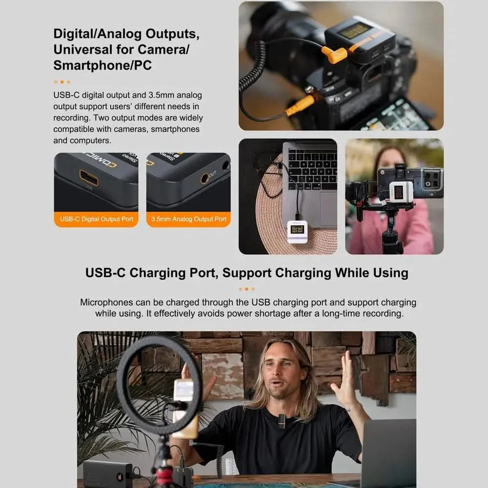 【Do Brasil】COMICA Vimo Q Wireless Lavalier Microphone System Noise Cancellation Lav Mic for Camera, iPhone, Android, PC, etc