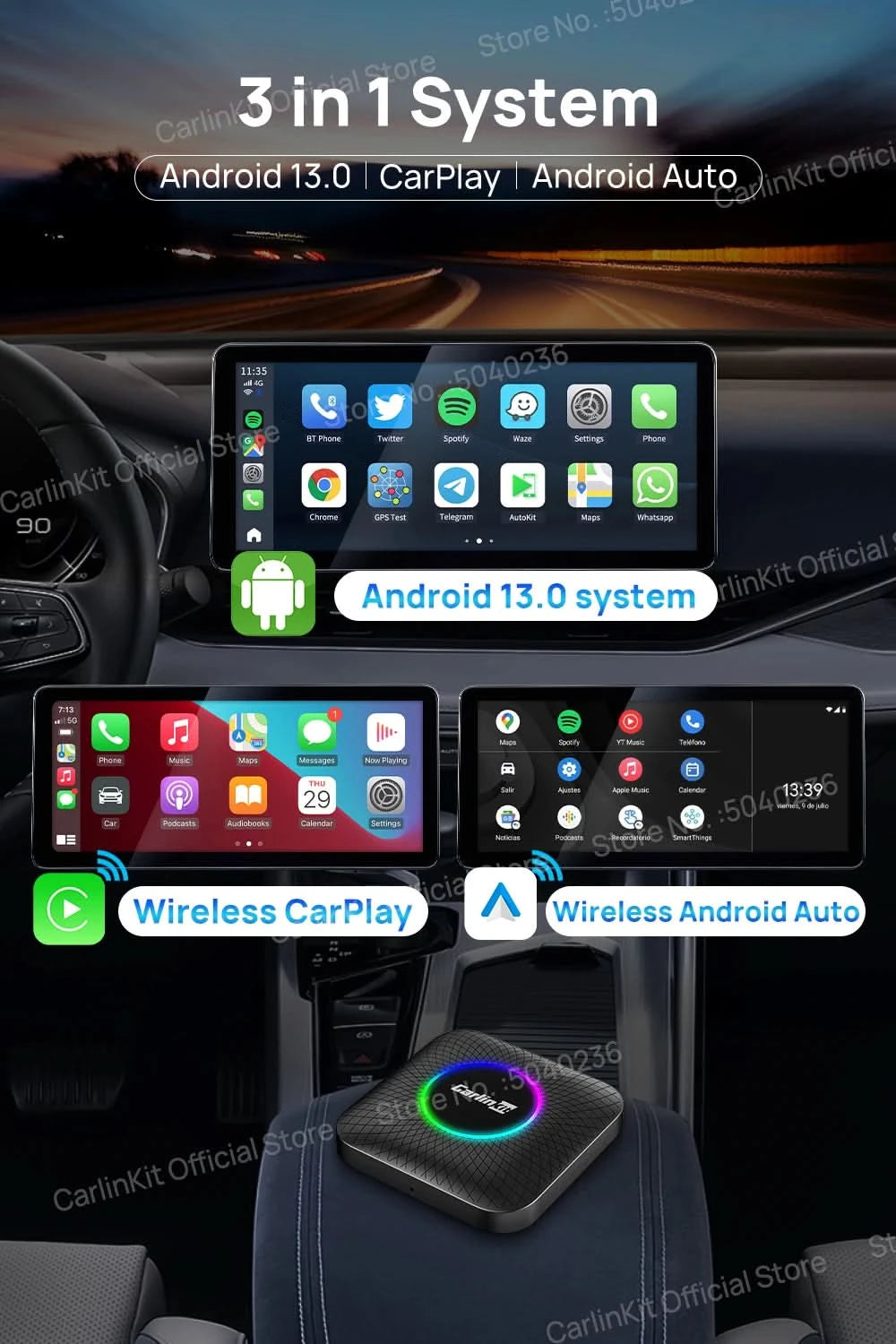 2026 CarlinKit CarPlay AI Box Android 13.0 SM6225 8-Cores Android Auto Wireless CarPlay Adapter 2.4+5GGPS 64G 128G FOTA Upgrade