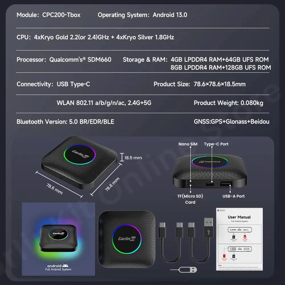 Carlinkit SDM660 Aibox Android 13 USB-A CarPlay Android Auto Wireless Adapter Support Online Video Spotify Netfilx Ble Wifi