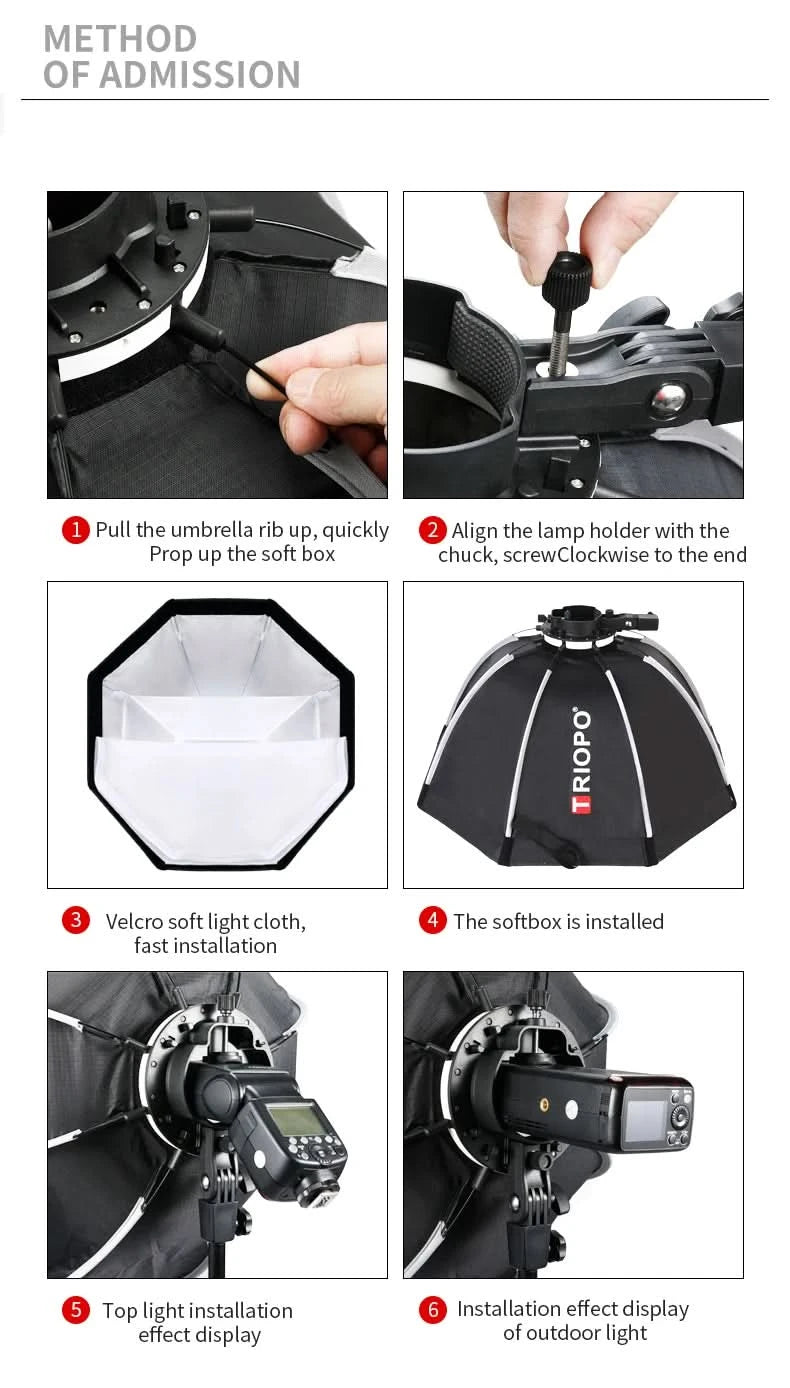 TRIOPO 55cm 65cm 90cm 120cm Foldable Octagon Softbox Tripod Grip for Godox V860III V1 AD200Pro Yongnuo Speedlite Flash Light