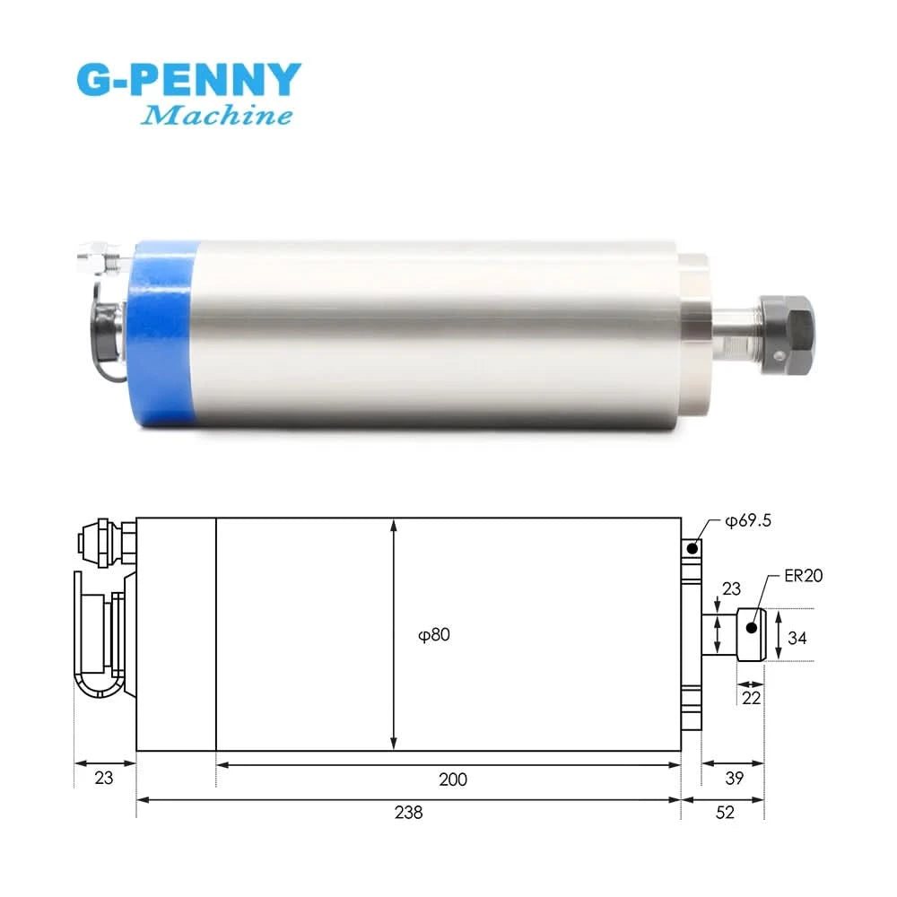 G-Penny Original 2.2kw ER20 Water Cooled Spindle Motor 80*230mm 220v / 380v 4pcs 7series Ceramic Bearings 0.01mm Longer Type