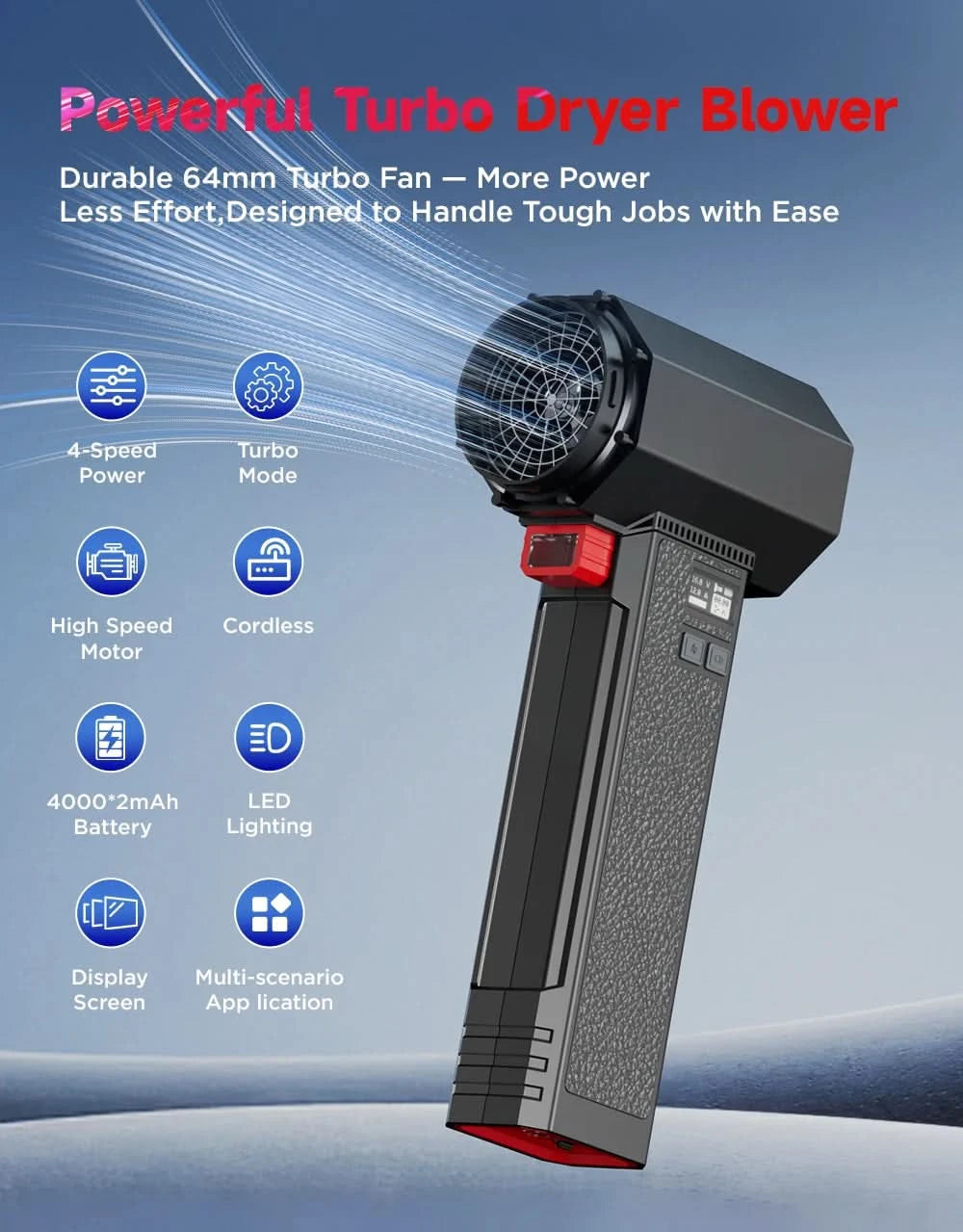 Booster Turbo Fan Car Dryer with LED Lighting, Powerful Air Blower, Brushless, Durable, High-Speed, Powerful, 4000mA, 1400G