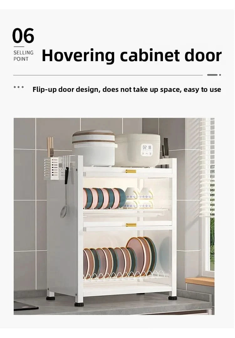 Kitchen cupboard storage box with door, dust-proof bowl rack, countertop, dish storage rack, chopsticks, dishes, drain rack