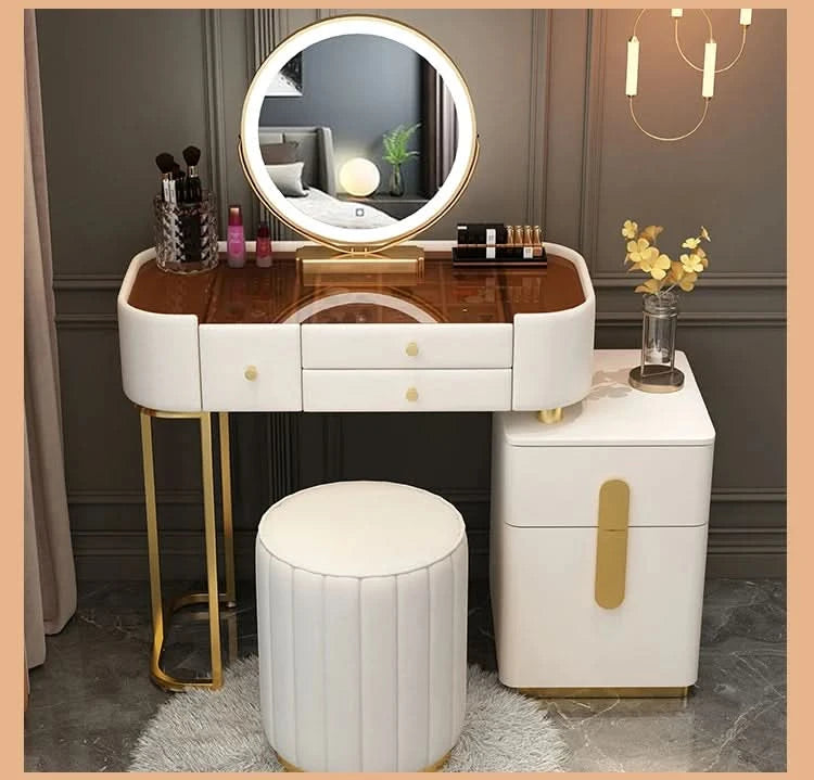 Luxury Jewelery Storage Dressing Table Glass Top Girls Unique Makeup Mirror Beauty Dressing Table Light White Muebles Decoration