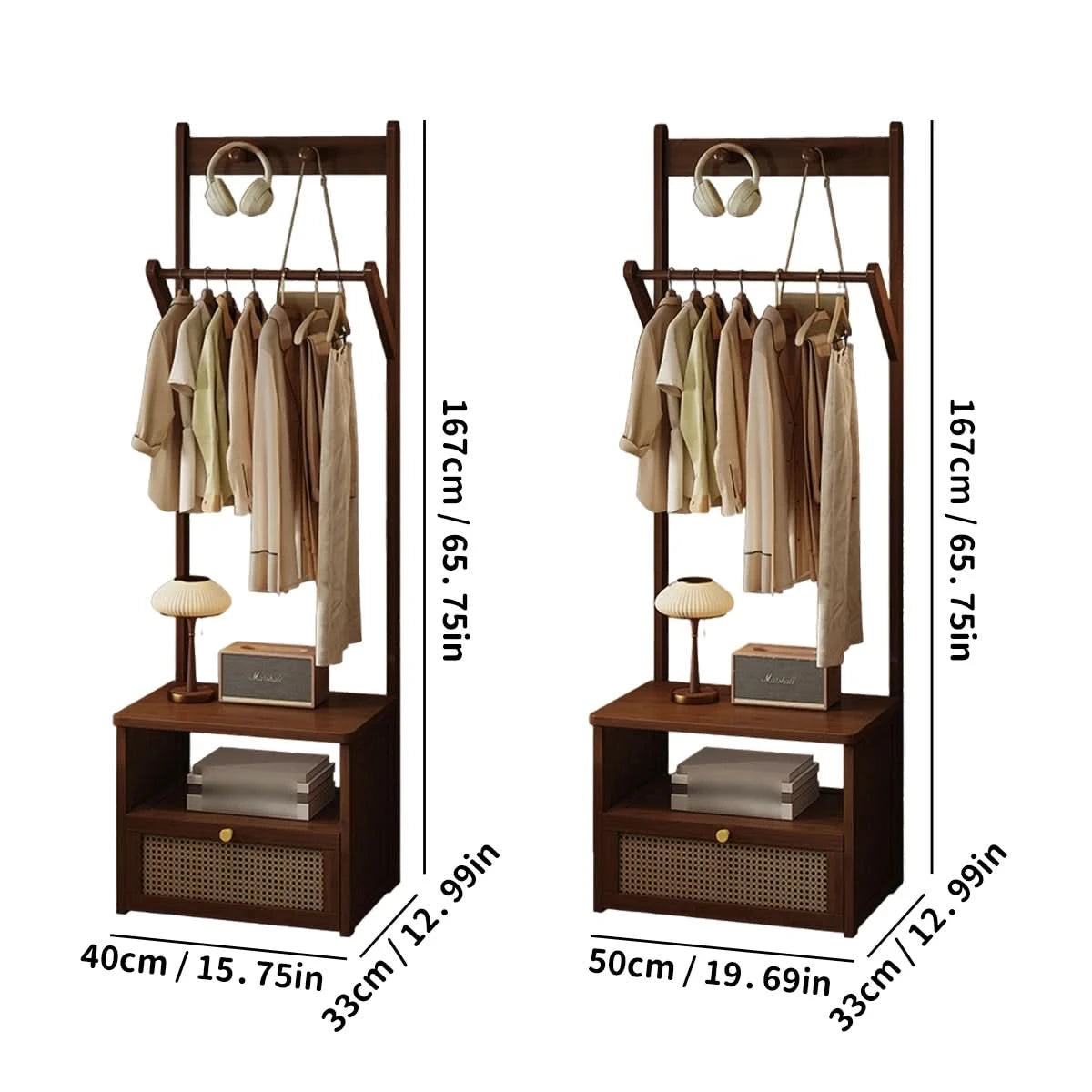 Bamboo 2-in-1 Bedside Rack & Nightstand - Small Space (40/50cm) with Drawer, Shelf & Hanging Rod for Essentials