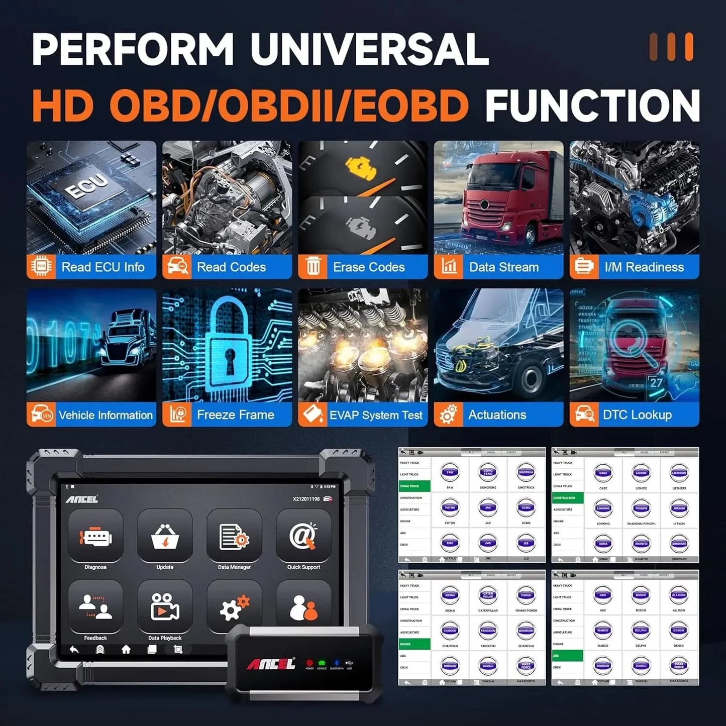ANCEL X7HD Heavy Duty Truck Scanner  Full System Diagnostic Tool Bidirectional Diesel Scan Tool with 40+ Reset & DPF ECU Coding