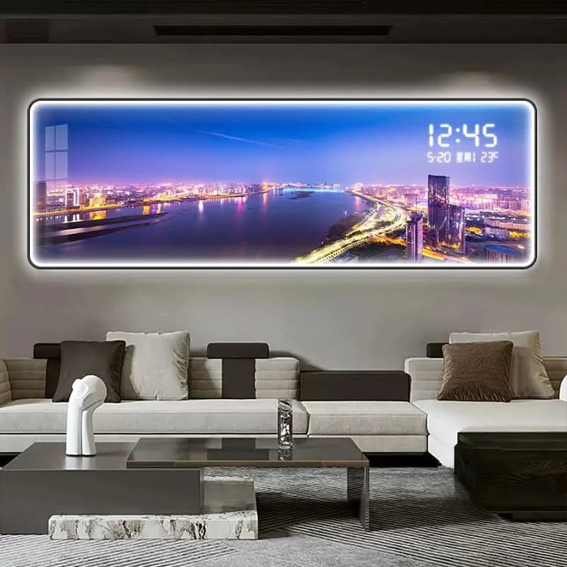 Modern Urban Night Scene Bedroom Bed Head Hanging Art Electronic Clock Landscape Architecture Living Room Sofa Background Wall D