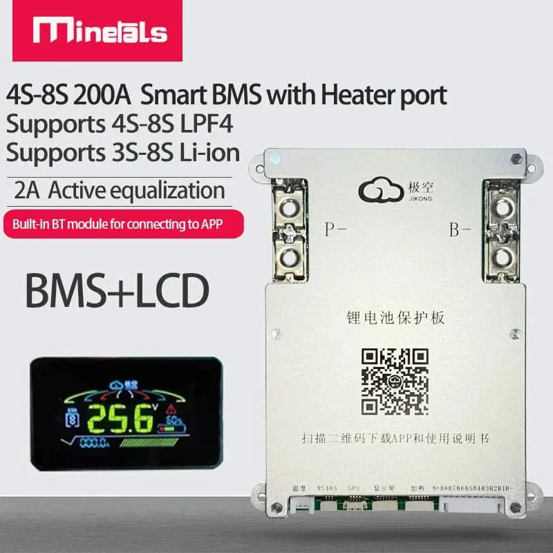 Jikong JK BMS 4S 5S 6S 7S 8S 200A Smart BMS 2A Active Balance Energy Transfer Built-in Bluetooth APP Support LCD 12V 24V 3S BMS