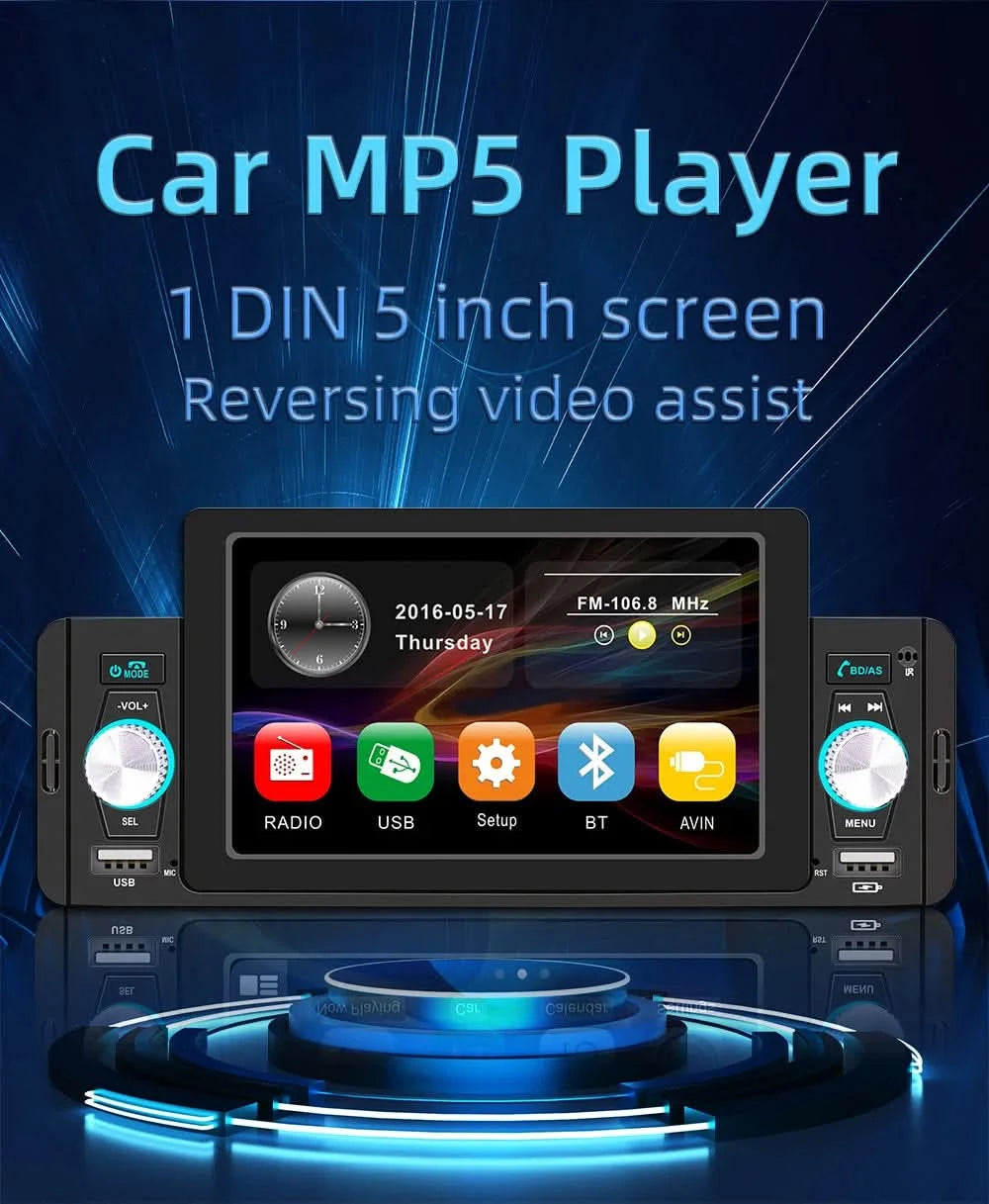 ESSGOO Rádio de Carro 1 Din Tela de 5" Sensível ao Toque  MP5 Multimídia Espelhamento Tela Navegação e Câmera Ré