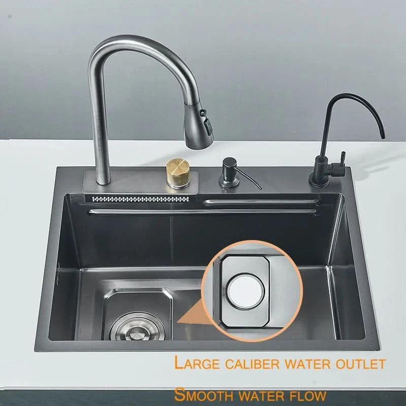 304 Stainless Steel Waterfall Kitchen Sink Sink Large Single basin With Large Single Slot Sink Above Counter With Cup Disher