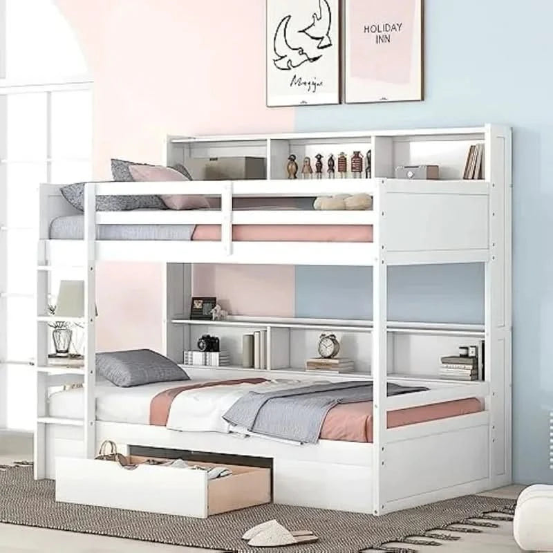 Twin over Twin Bunk Bed with Storage Drawer, Solid Wood Construction, Built-in Shelves on Each Side