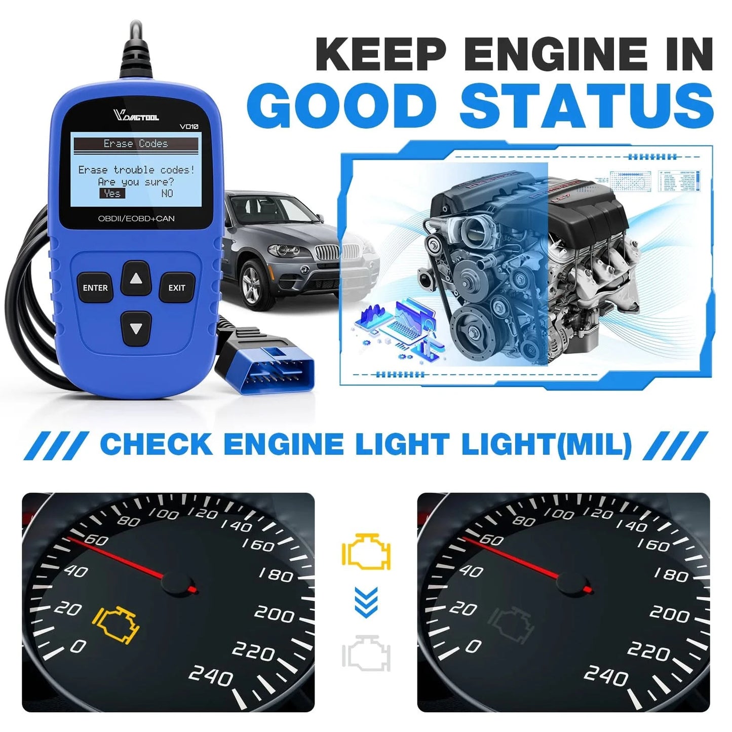 VDIAGTOOL VD10 OBD2 Scanner Diagnostic Tool Automotive Scanner With I/M Readiness Code Reader Check Engine Lifetime Free Update