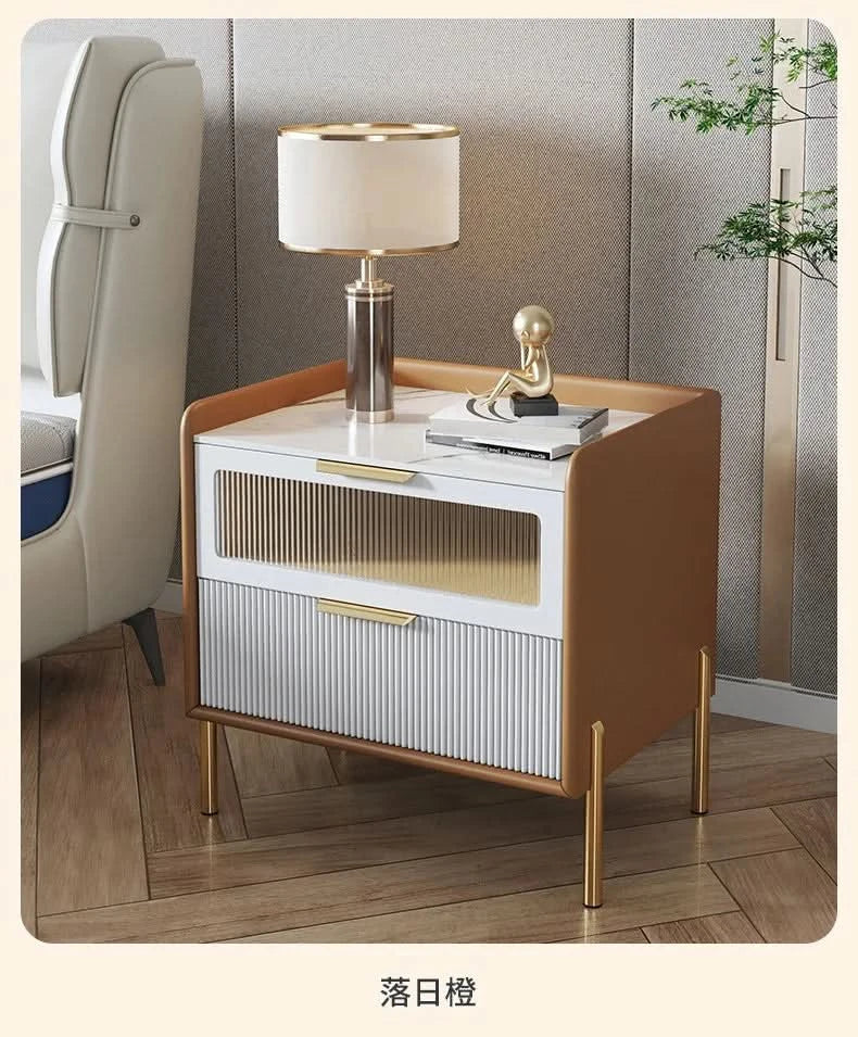 Bedside Table,Modern Light Luxury, Solid Wood Italian Simple Storage, Ultra-narrow Bed Leather Smart Side Cabinet Bedroom