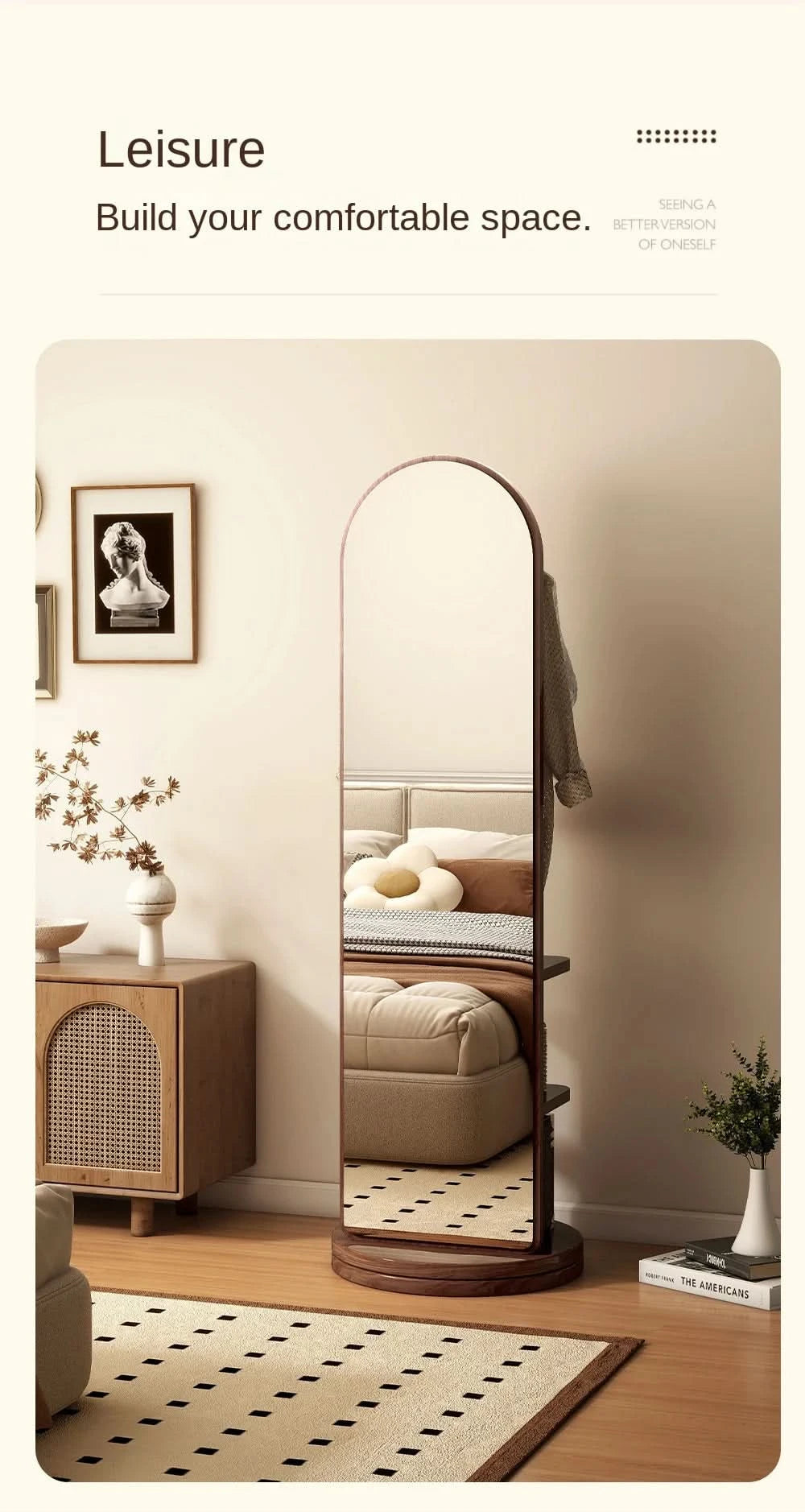 Full-length mirror with coat rack, rotating floor mirror, home bedroom dressing mirror, fitting mirror, multi-function mirror