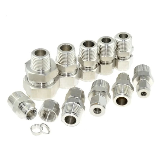 SS 304 Doppelklemmringverschraubung 8mm 10mm 12mm 1/4 1/2 Rohr 1/8 1/4" 1/2" Außengewinde NPT BSP Edelstahl Rohrfitting