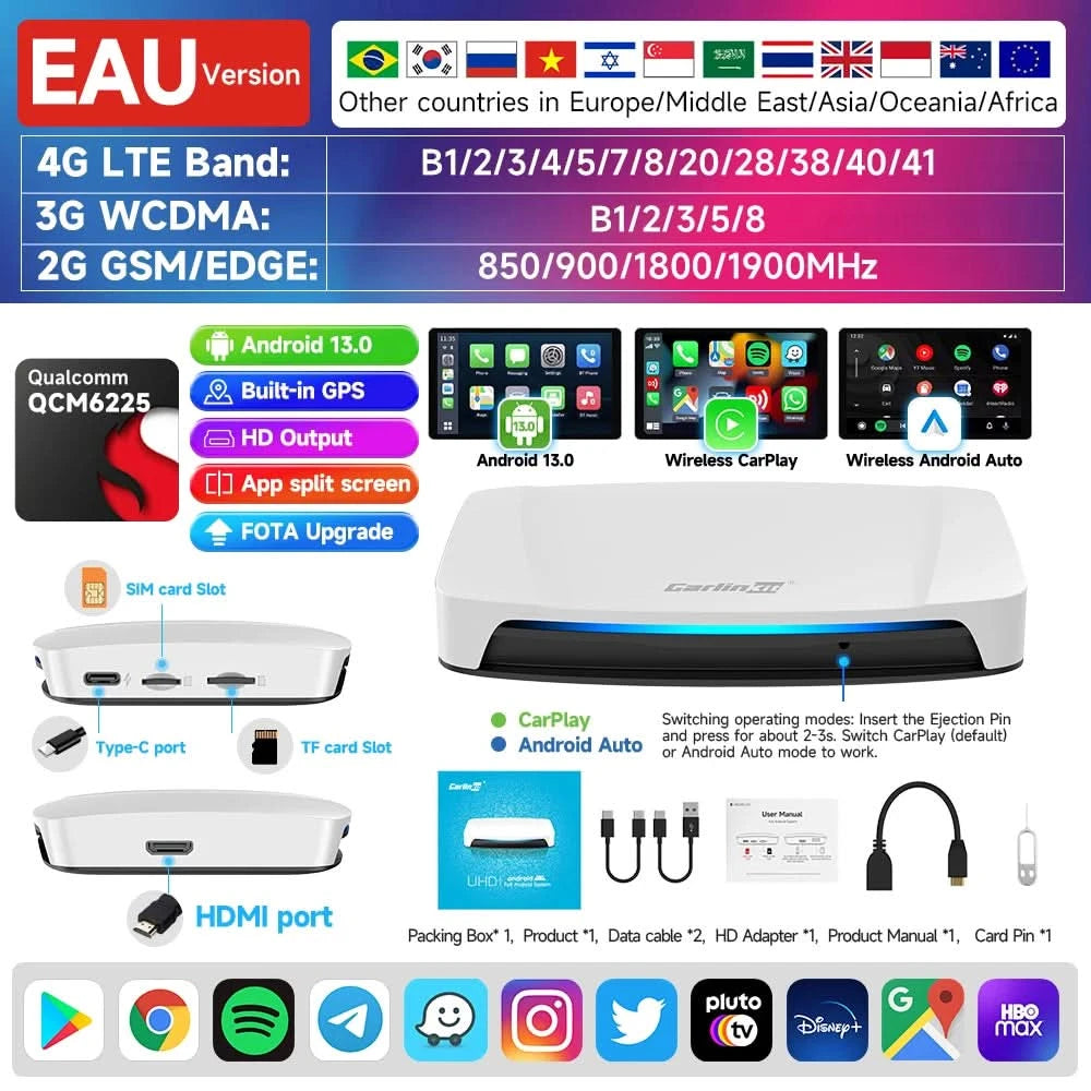 Carlinkit HDMI Output Car Tv Mate Carplay Qualcomm 6225 8-Core Android Auto Wireless Adapter Support Youtube Gps Split Screen