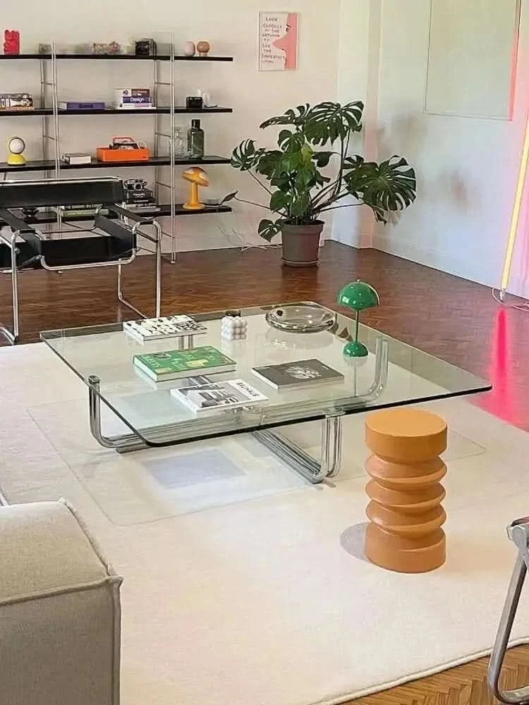 Transparent Square Glass Coffee Table, Stainless Steel Low Table