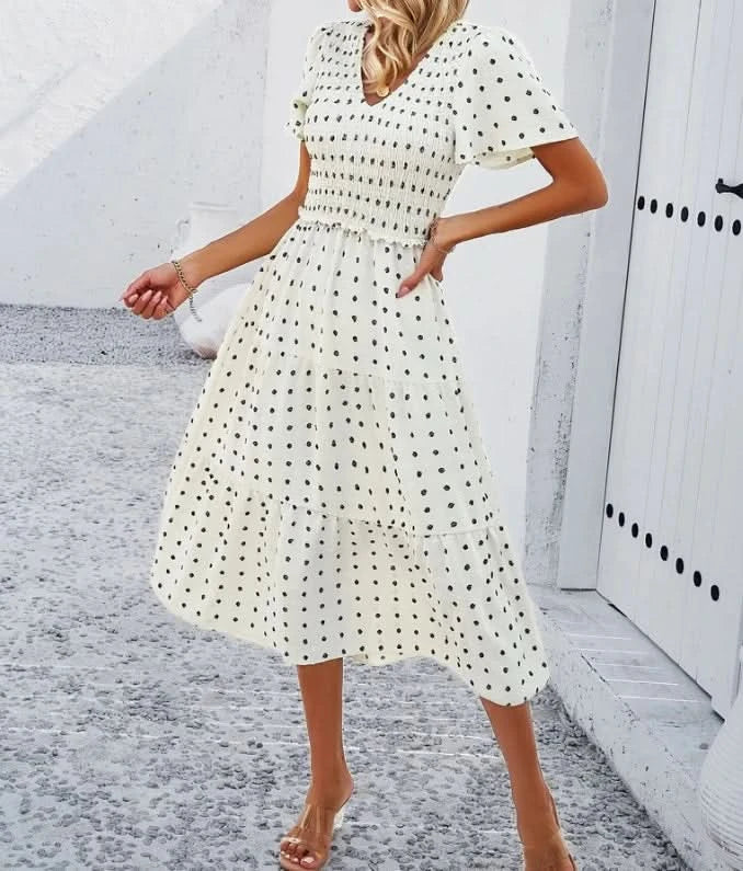 Women's Casual Solid V-Neck Short Sleeve A-Line Dress Temperament Commuting Summer New Fashion Women Clothes Pullover Dresses