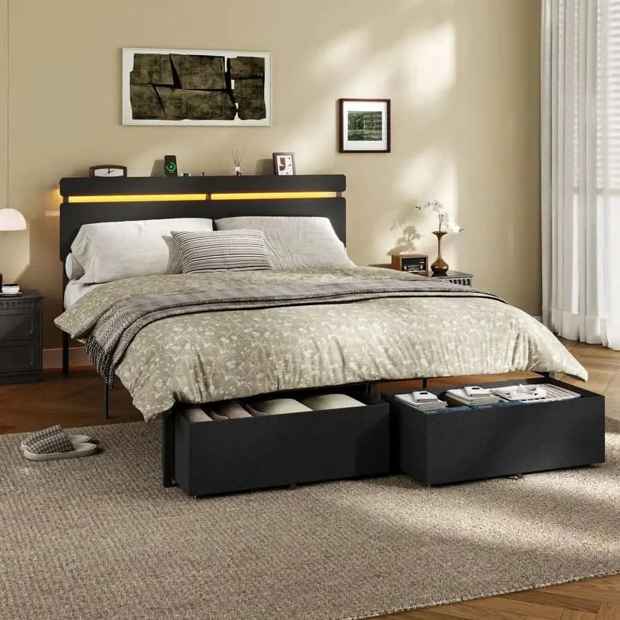 Queen Bed Frame with Wood Headboard, Black Platform Bed with 2 Storage Drawers amp Shelf, Builtin Charging Station  Vellivy