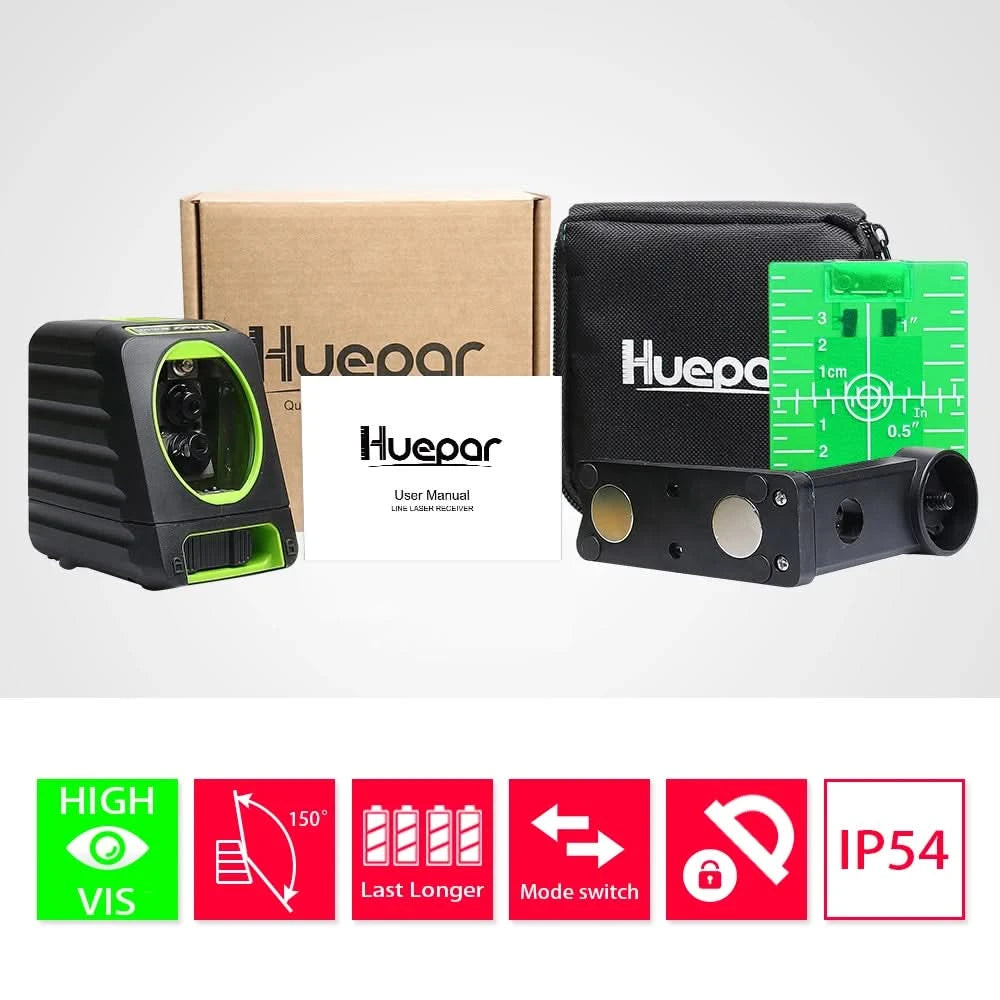 Huepar Box-1G Self-leveling Laser Level  150ft/45m Outdoor Green Cross Line with Vertical Beam Spread Covers of 150°